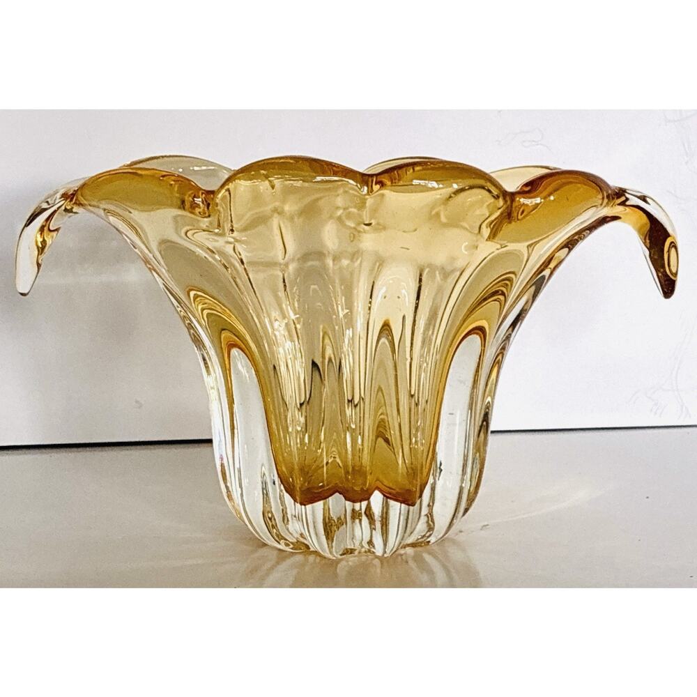 Vintage Amber Curled Tulip Shape Hand Blown Amber To Clear Scalloped Thick Base